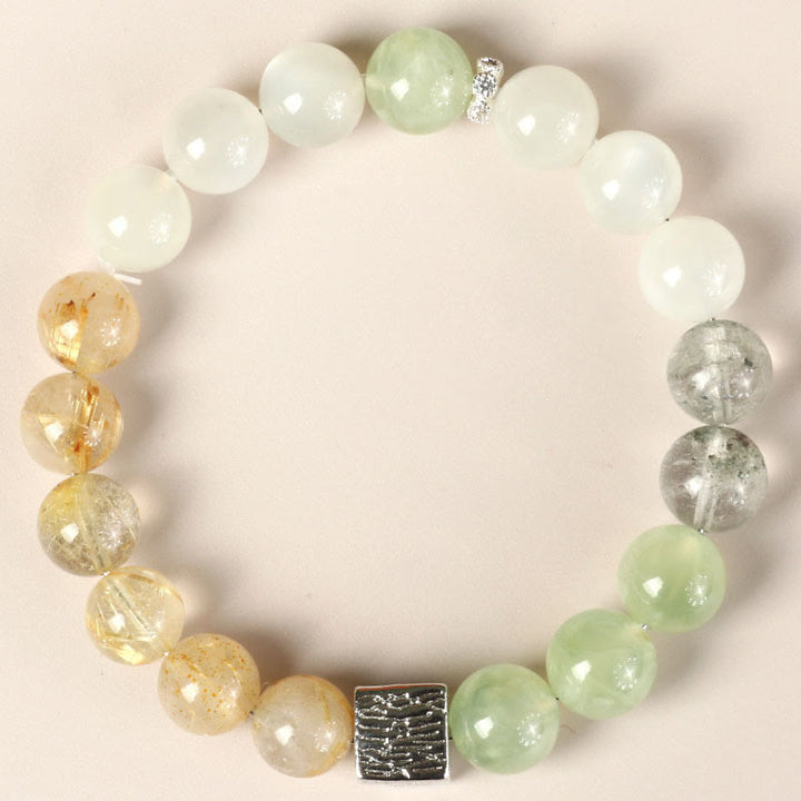 Buddha Stones Black Obsidian Black Rutilated Quartz Moonstone Cube Strength Bracelet - Rutilated Quartz Green Grape Agate Moonstone Green Phantom(Wrist Circumference: 14-16cm) - image 8