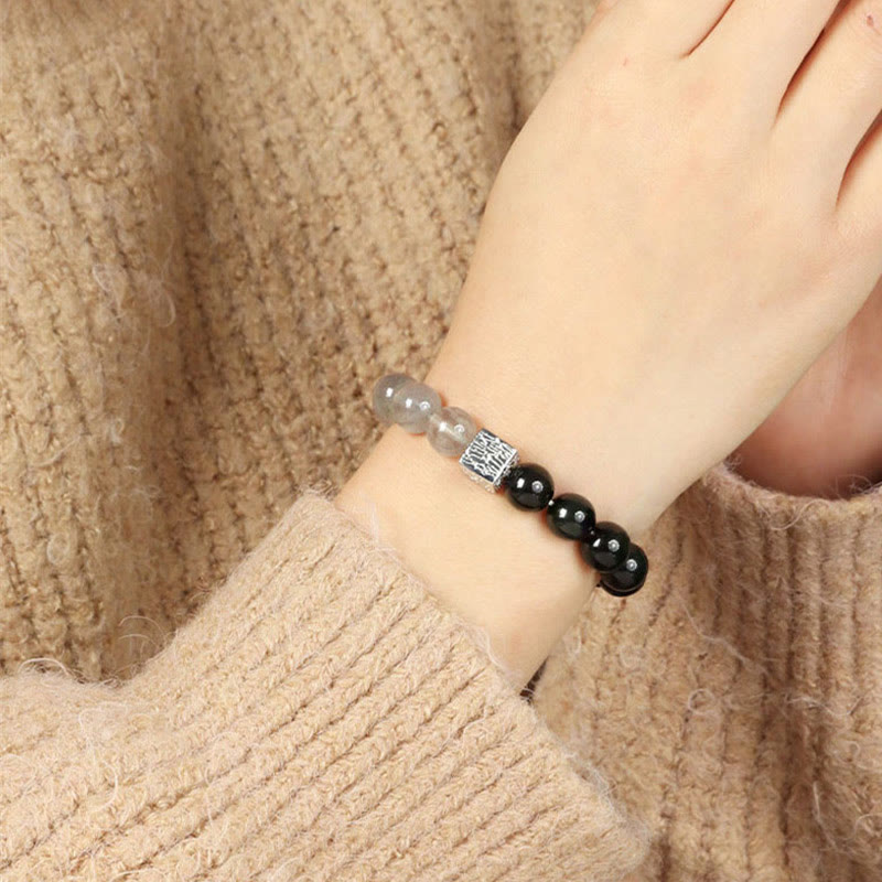 Buddha Stones Black Obsidian Black Rutilated Quartz Moonstone Cube Strength Bracelet - image 3