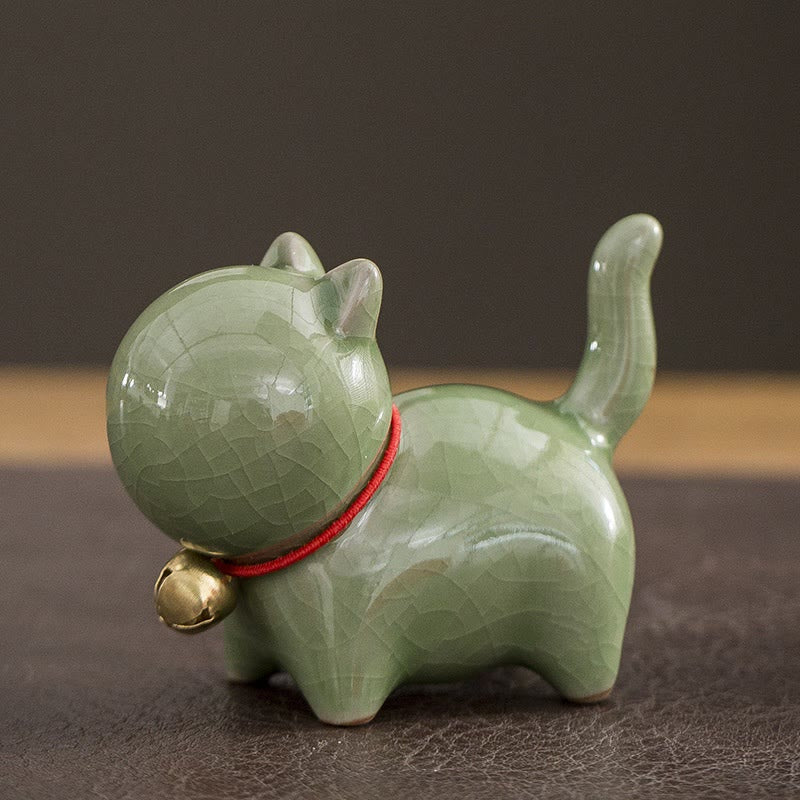 Buddha Stones Mini Cute Lucky Bell Cat Tea Pet Ceramic Home Desk Figurine Decoration - Lucky Cat Green 7*3.4*5.8cm - image 2