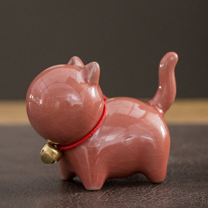 Buddha Stones Mini Cute Lucky Bell Cat Tea Pet Ceramic Home Desk Figurine Decoration - Lucky Cat Pink 7*3.4*5.8cm - image 7