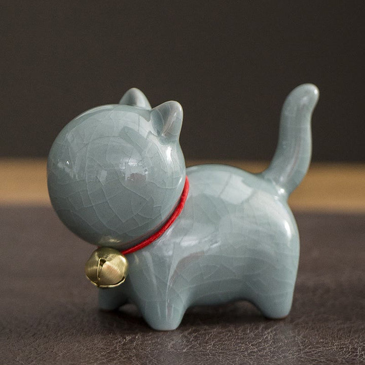 Buddha Stones Mini Cute Lucky Bell Cat Tea Pet Ceramic Home Desk Figurine Decoration - Lucky Cat Gray 7*3.4*5.8cm - image 12