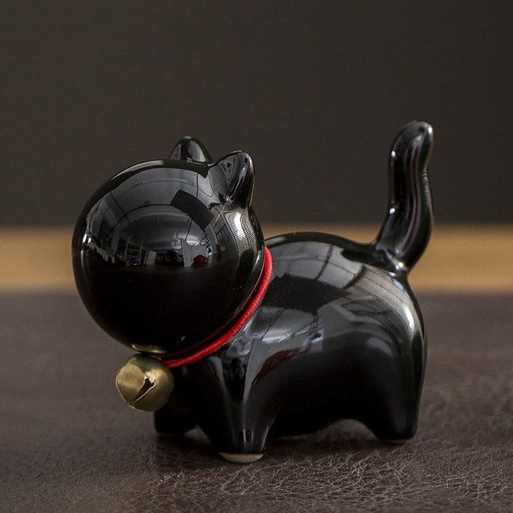 Buddha Stones Mini Cute Lucky Bell Cat Tea Pet Ceramic Home Desk Figurine Decoration - Lucky Cat Black 7*3.4*5.8cm - image 11