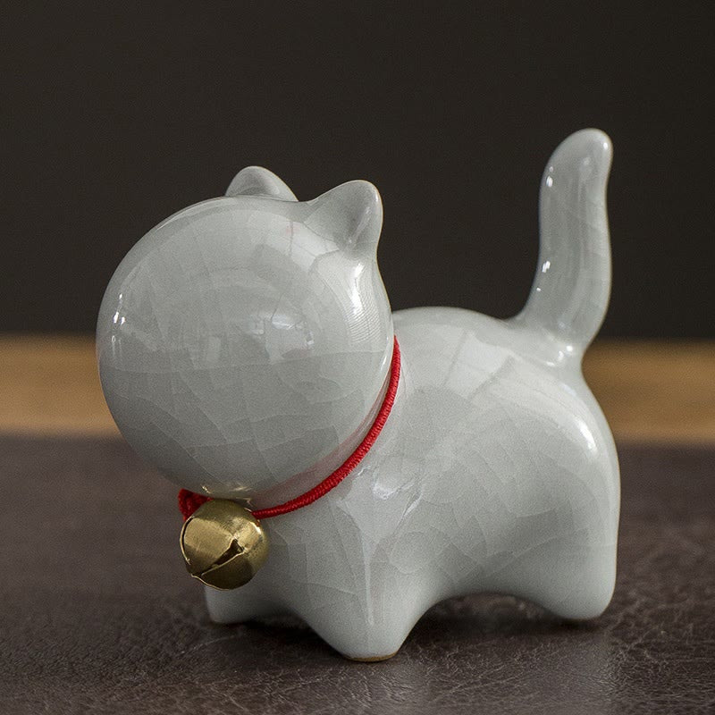Buddha Stones Mini Cute Lucky Bell Cat Tea Pet Ceramic Home Desk Figurine Decoration - Lucky Cat Gray White 7*3.4*5.8cm - image 8