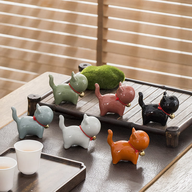 Buddha Stones Mini Cute Lucky Bell Cat Tea Pet Ceramic Home Desk Figurine Decoration - image 1
