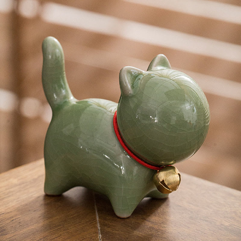 Buddha Stones Mini Cute Lucky Bell Cat Tea Pet Ceramic Home Desk Figurine Decoration - image 3