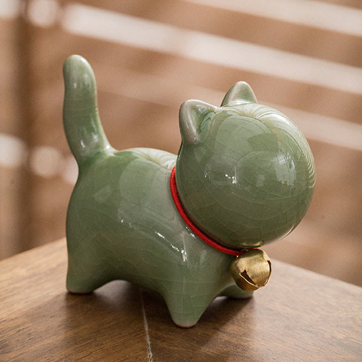 Buddha Stones Mini Cute Lucky Bell Cat Tea Pet Ceramic Home Desk Figurine Decoration - image 3