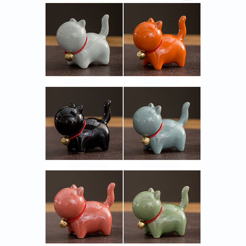 Buddha Stones Mini Cute Lucky Bell Cat Tea Pet Ceramic Home Desk Figurine Decoration - image 20