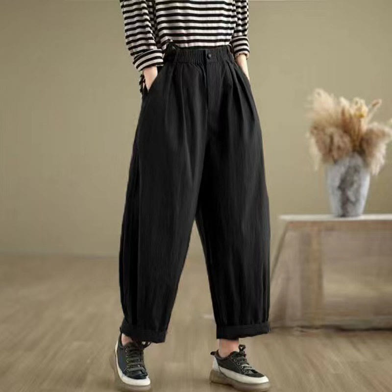 Buddha Stones Casual Solid Color One Top Button Elastic Waistband Women's Pants With Pockets - Black - US8-10，UK/AU12-14，EU40-42 (2XL) - image 11