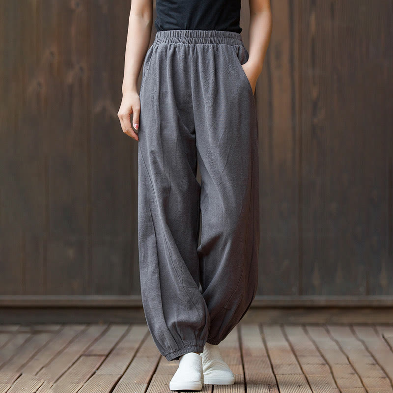 Buddha Stones Casual Solid Plain Color Carrot Elastic Waistband Cotton Ramie Women's Pants With Pockets - DimGray - US4，UK/AU8，EU36 (L) - image 29