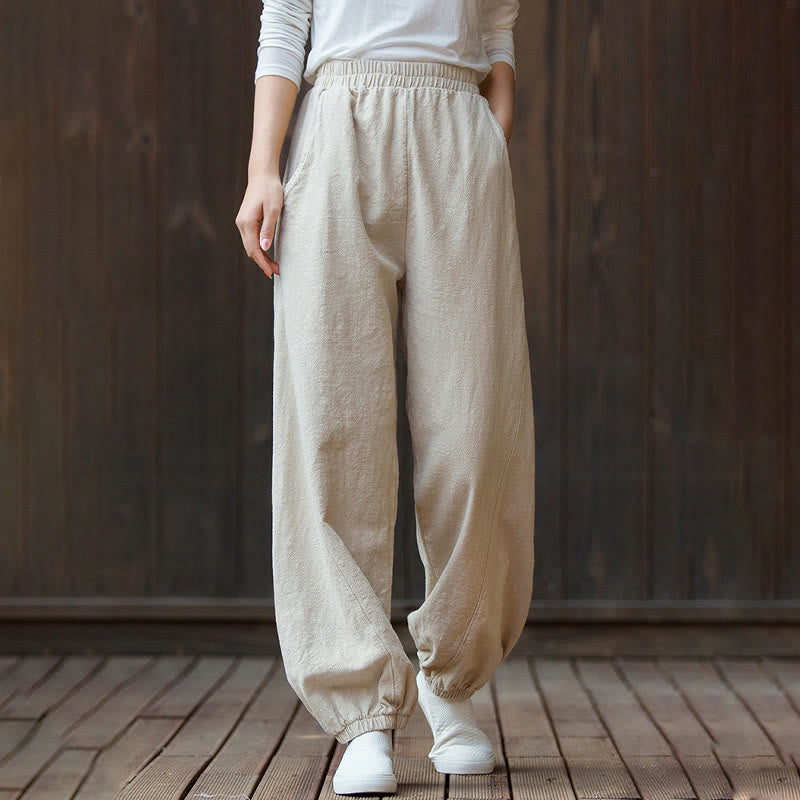Buddha Stones Casual Solid Plain Color Carrot Elastic Waistband Cotton Ramie Women's Pants With Pockets - Beige - US4，UK/AU8，EU36 (L) - image 18