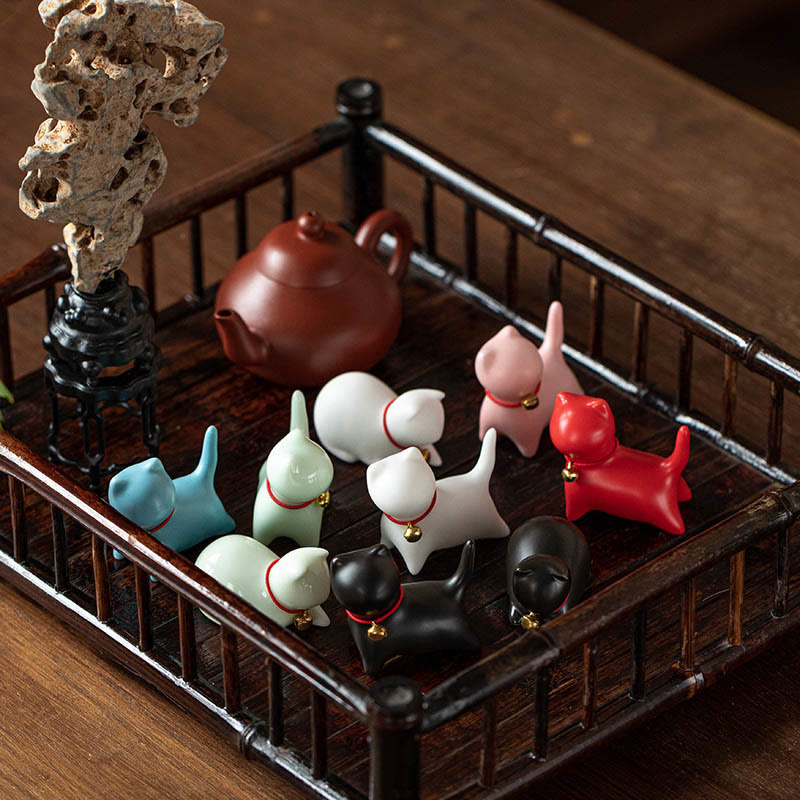 Buddha Stones Mini Cute Standing Lying Cat Tea Pet Ceramic Home Desk Figurine Decoration - image 1