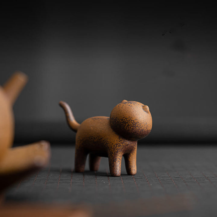 Buddha Stones Mini Standing Cat Feng Shui Frog Toad Tea Pet Ceramic Home Desk Figurine Decoration - Standing Cat 10.2*3.3*6.3cm - image 0