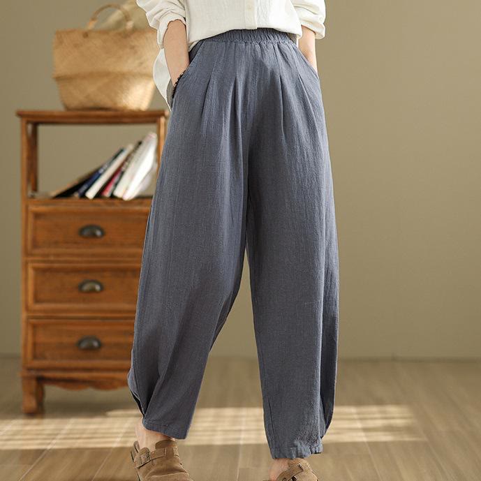Buddha Stones Casual Solid Color Tapered Elastic Waistband Cotton Linen Women's Pants With Pockets - SteelBlue - US8-10，UK/AU12-14，EU40-42 (2XL) - image 0