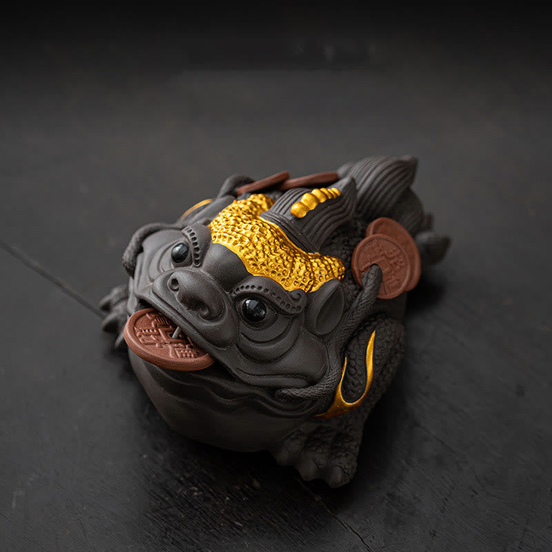 Buddha Stones Feng Shui Frog Toad Copper Coins Ceramic Purple Clay Wealth Home Tea Pet Figurine Decoration - Golden Toad 11*8*6.3cm - image 1