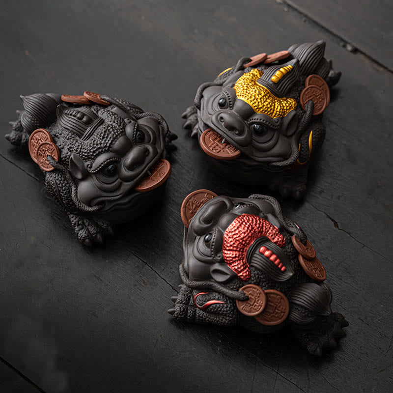 Buddha Stones Feng Shui Frog Toad Copper Coins Ceramic Purple Clay Wealth Home Tea Pet Figurine Decoration - image 0