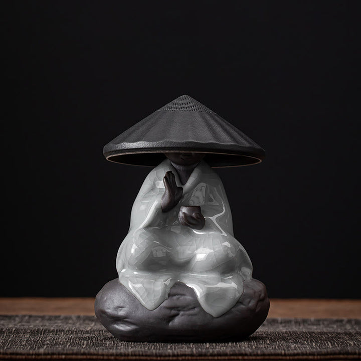 Buddha Stones Little Zen Monk Hat Strainer Ceramic Tea Accessories Figurine Home Decoration - Crack Pattern Monk Black Hat Strainer 9*12.2cm - image 14