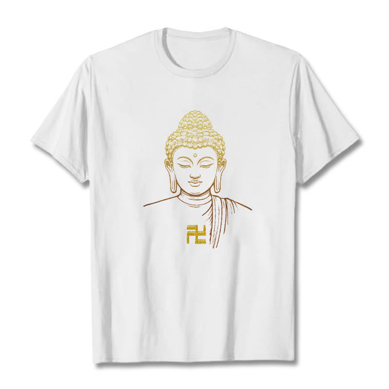 Buddha Stones Swastika Pattern Golden Buddha Cotton Tee T-shirt - White - 2XL - image 0