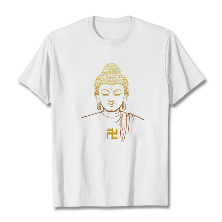 Buddha Stones Swastika Pattern Golden Buddha Cotton Tee T-shirt - White - 2XL - image 0