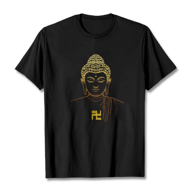 Buddha Stones Swastika Pattern Golden Buddha Cotton Tee T-shirt - Black - 2XL - image 4