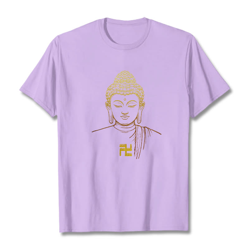 Buddha Stones Swastika Pattern Golden Buddha Cotton Tee T-shirt - Plum - 2XL - image 14