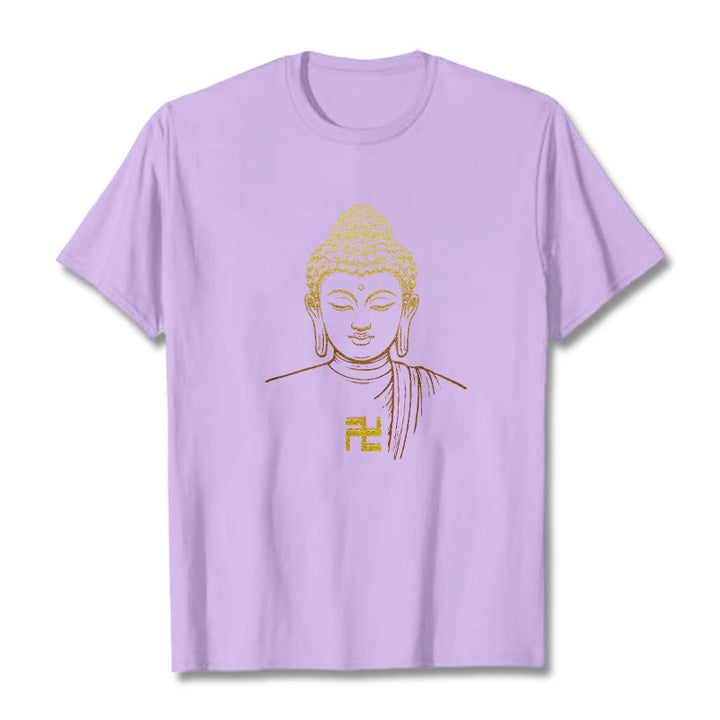Buddha Stones Swastika Pattern Golden Buddha Cotton Tee T-shirt - Plum - 2XL - image 14