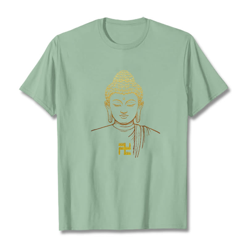 Buddha Stones Swastika Pattern Golden Buddha Cotton Tee T-shirt - PaleGreen - 2XL - image 12