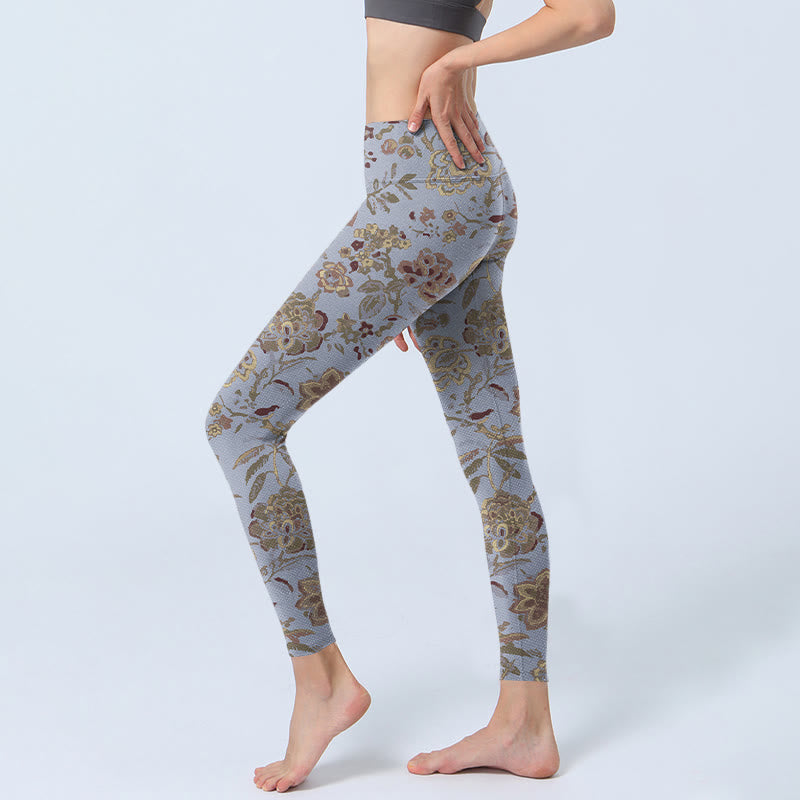 Buddha Stones Grey Green Leaves Flowers Print Gym Leggings Women's Yoga Pants - image 2
