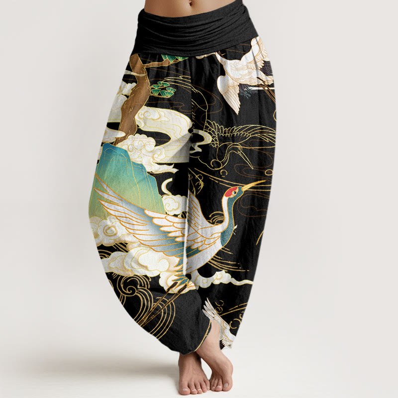 Buddha Stones Cotton Flying Cranes Auspicious Clouds Tree women's Elastic Waist Harem Pants - Black - US22，UK/AU26，EU54 (6XL) - image 0
