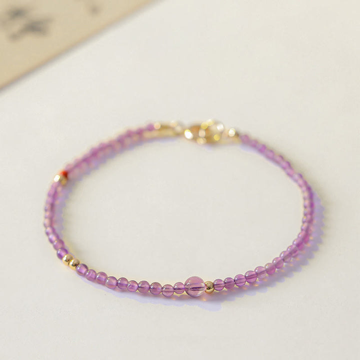 Buddha Stones 2mm Ultra-Thin Beads Natural Amethyst 14k Gold Plated Copper Inner Peace Meditation Bracelet - 2mm Amethyst(Wrist Circumference: 15cm) - image 13