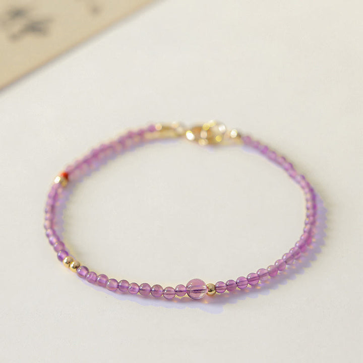Buddha Stones 2mm Ultra-Thin Beads Natural Amethyst 14k Gold Plated Copper Inner Peace Meditation Bracelet - image 14