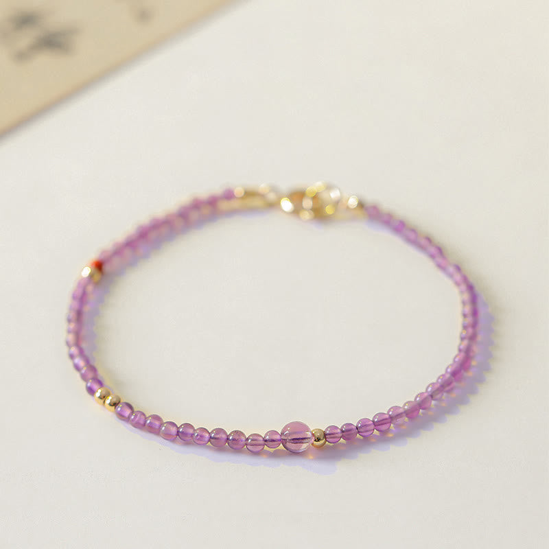 Buddha Stones 2mm Ultra-Thin Beads Natural Amethyst 14k Gold Plated Copper Inner Peace Meditation Bracelet - 2mm Amethyst(Wrist Circumference: 15cm)+Extension Chain - image 15