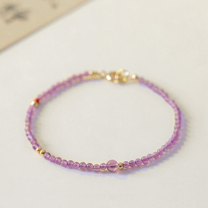 Buddha Stones 2mm Ultra-Thin Beads Natural Amethyst 14k Gold Plated Copper Inner Peace Meditation Bracelet - 2mm Amethyst(Wrist Circumference: 15cm)+Extension Chain - image 15