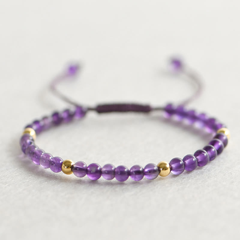 Buddha Stones 4mm Handmade Natural Amethyst 14k Gold Plated Copper Beads Braided String Relieves Stress Bracelet - 4mm Amethyst(Wrist Circumference: 15-18cm) - image 0