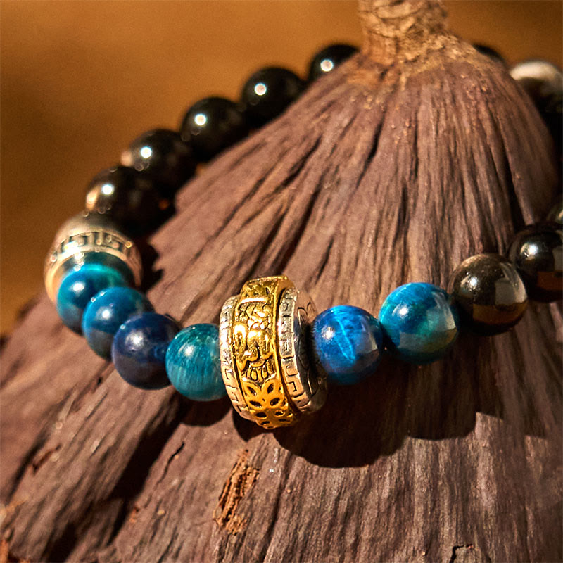 Buddha Stones Silver Sheen Obsidian Blue Tiger Eye Om Mani Padme Hum Protection Bracelet - image 7