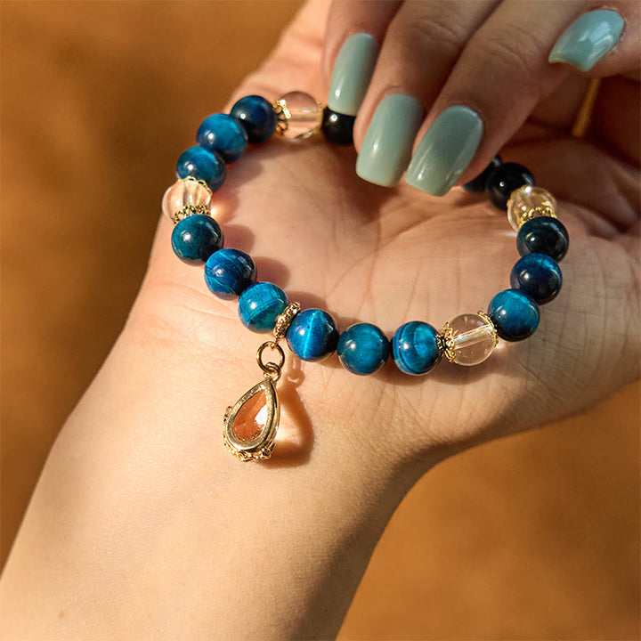 Buddha Stones Blue Tiger Eye White Crystal Water Drop Strength Bracelet - image 7