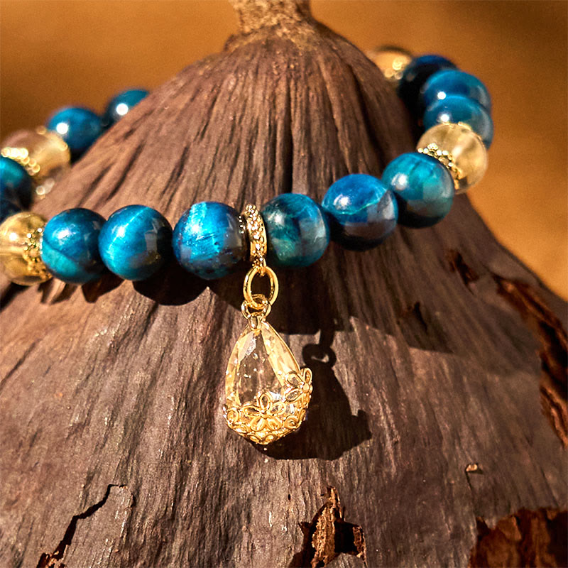 Buddha Stones Blue Tiger Eye White Crystal Water Drop Strength Bracelet - image 2