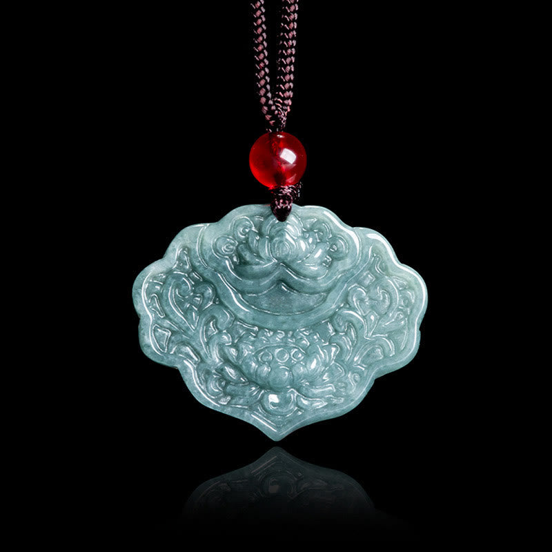 Buddha Stones Lotus Pattern Carved Jade Abundance Prosperity Necklace Rope Pendant - image 1