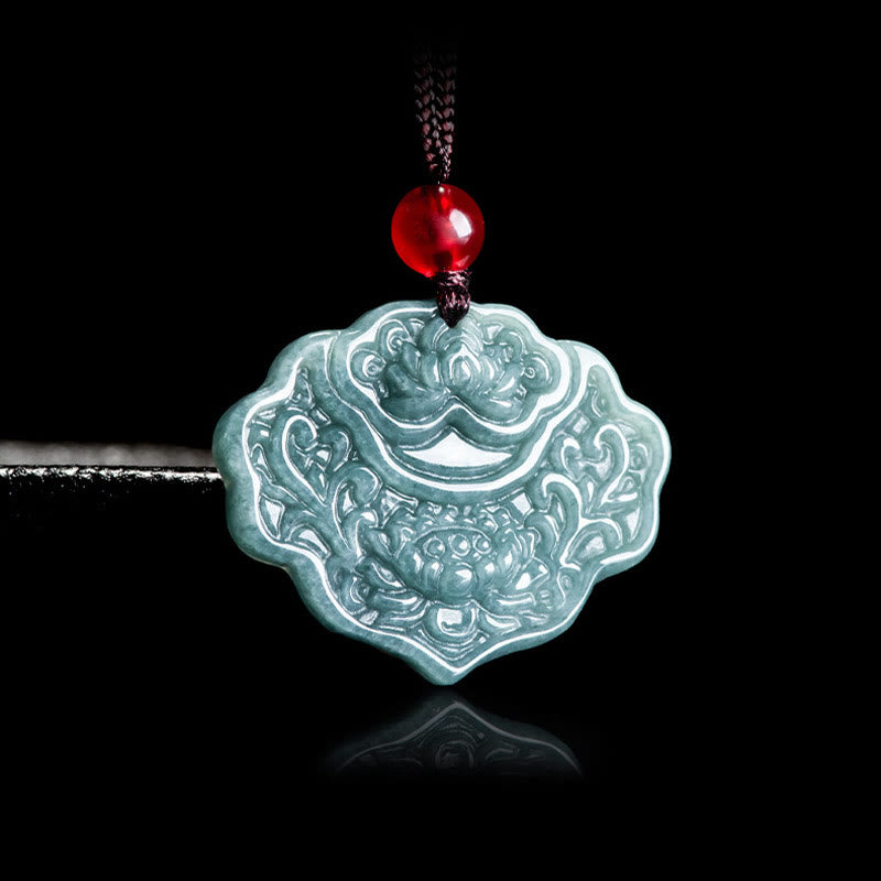 Buddha Stones Lotus Pattern Carved Jade Abundance Prosperity Necklace Rope Pendant - image 2