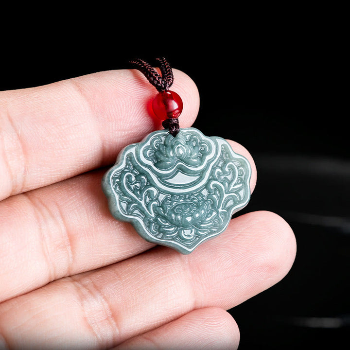 Buddha Stones Lotus Pattern Carved Jade Abundance Prosperity Necklace Rope Pendant - image 3