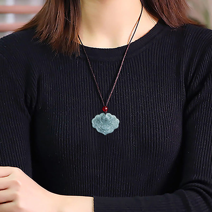 Buddha Stones Lotus Pattern Carved Jade Abundance Prosperity Necklace Rope Pendant - image 8