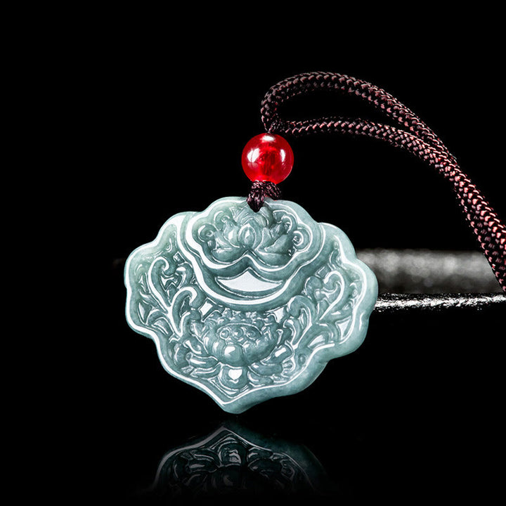 Buddha Stones Lotus Pattern Carved Jade Abundance Prosperity Necklace Rope Pendant - Jade - image 0