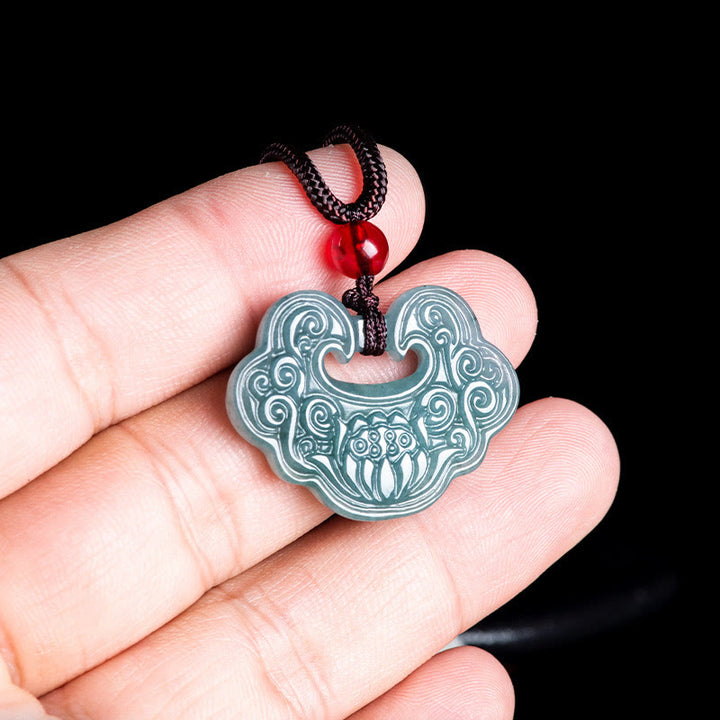 Buddha Stones Lotus Carved Jade Ruyi Abundance Prosperity Abundance Necklace Pendant - image 3