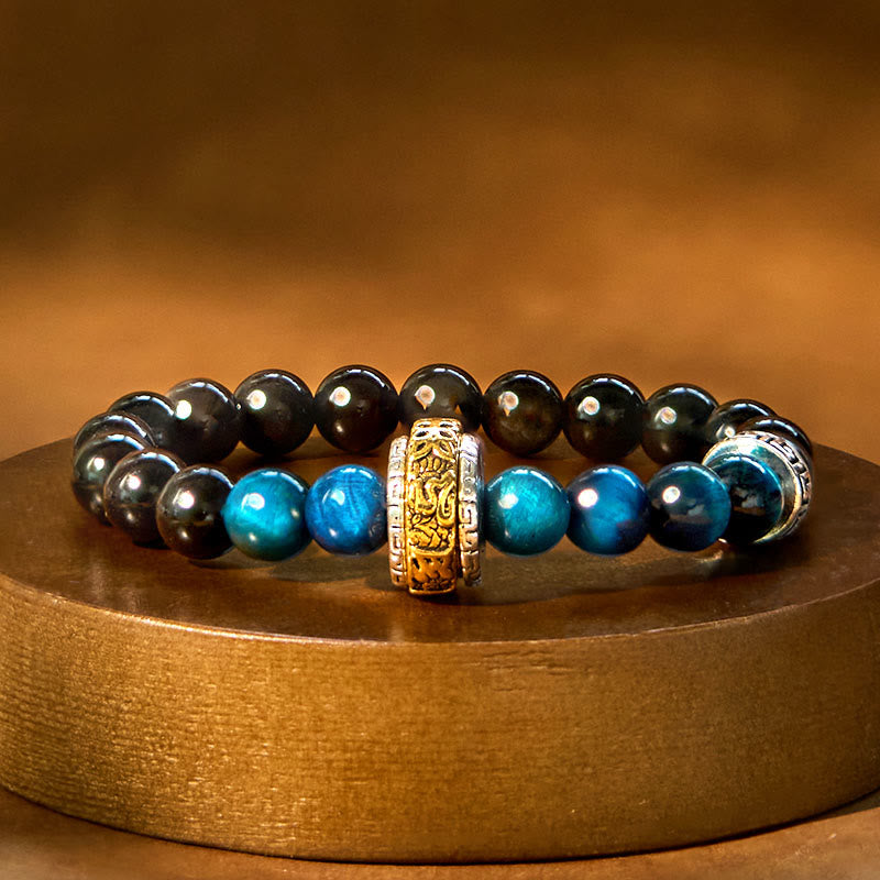 Buddha Stones Silver Sheen Obsidian Blue Tiger Eye Om Mani Padme Hum Protection Bracelet - Silver Sheen Obsidian Blue Tiger Eye (Wrist Circumference: 15-16cm) - image 0