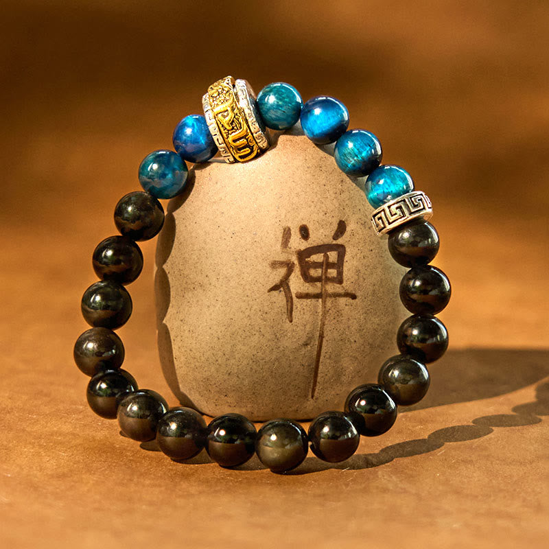 Buddha Stones Silver Sheen Obsidian Blue Tiger Eye Om Mani Padme Hum Protection Bracelet - image 5