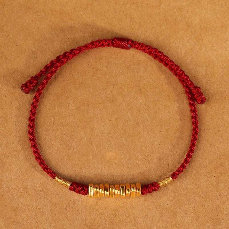 Buddha Stones 999 Gold Small Pieces String Protection Luck Ultra-Thin Braided Bracelet - Dark Red Rope(Wrist Circumference 14-18cm) - image 1