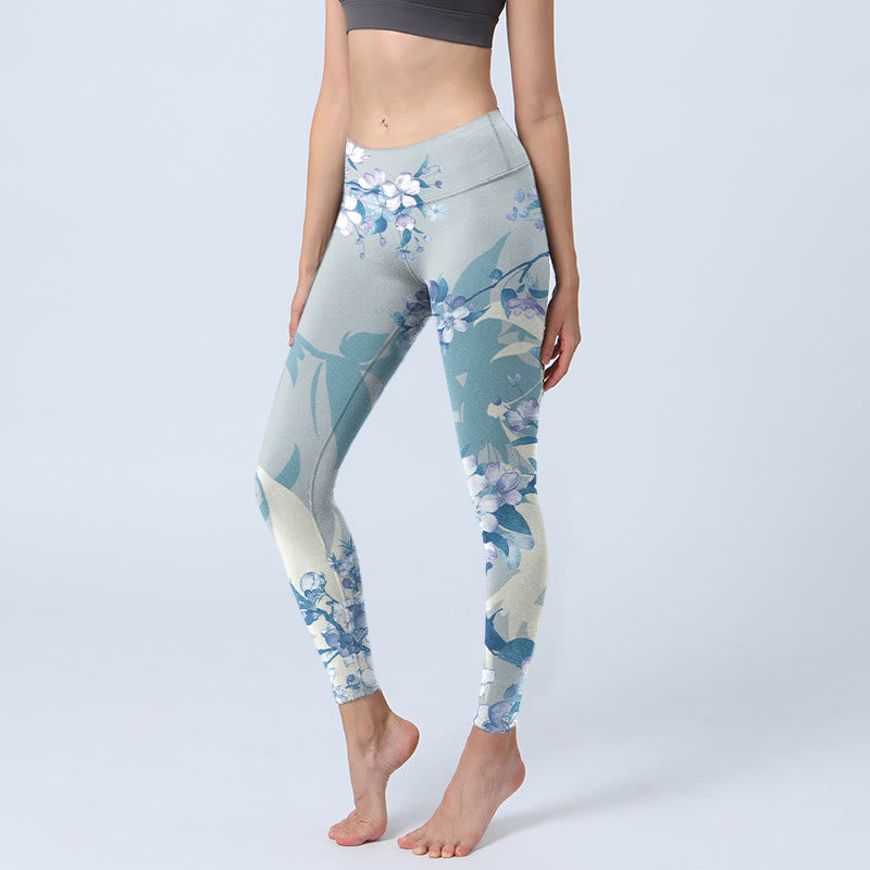 Buddha Stones White Blue Flowers Print Gym Leggings Women's Yoga Pants - LightBlue - US18，UK/AU22，EU50 (4XL) - image 0