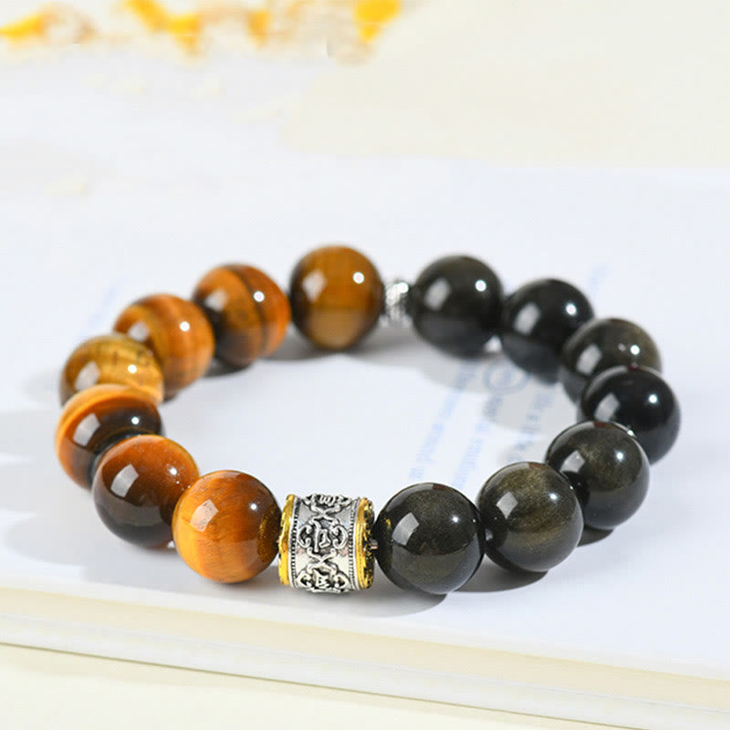Buddha Stones Tiger Eye Gold Sheen Obsidian Om Mani Padme Hum Bracelet - image 3