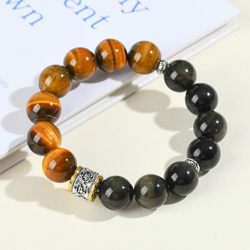Buddha Stones Tiger Eye Gold Sheen Obsidian Om Mani Padme Hum Bracelet - image 1