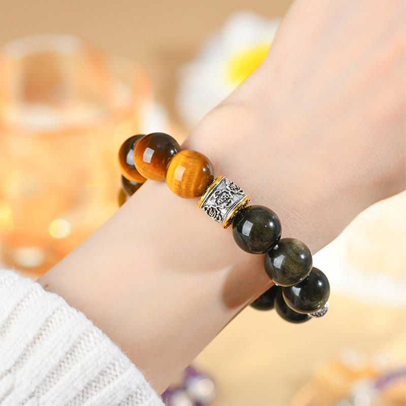 Buddha Stones Tiger Eye Gold Sheen Obsidian Om Mani Padme Hum Bracelet - image 10