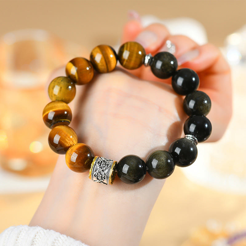 Buddha Stones Tiger Eye Gold Sheen Obsidian Om Mani Padme Hum Bracelet - image 4